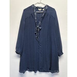 Anthro 11:1 TYLHO Navy Polka Dot Tie-Neck Dress L Breezy Retro Style Old Money